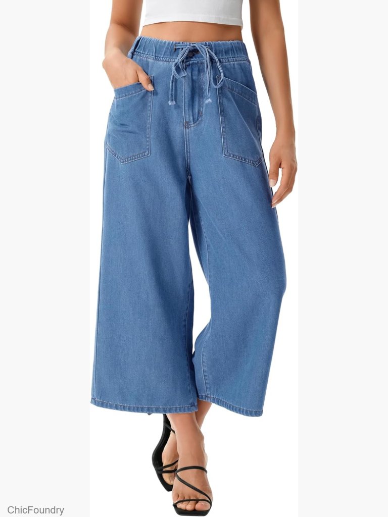 Wide Leg Capri Jeans Elastic Waist Drawstring Cropped Culottes Pants